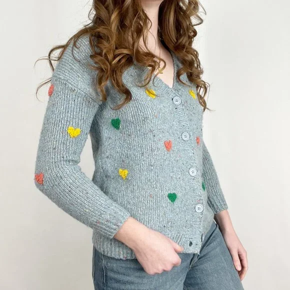 Vintage Hand Knit Embroidered Hearts Cardigan Sweater Cute Cozy Girly Handmade - Picture 2 of 8